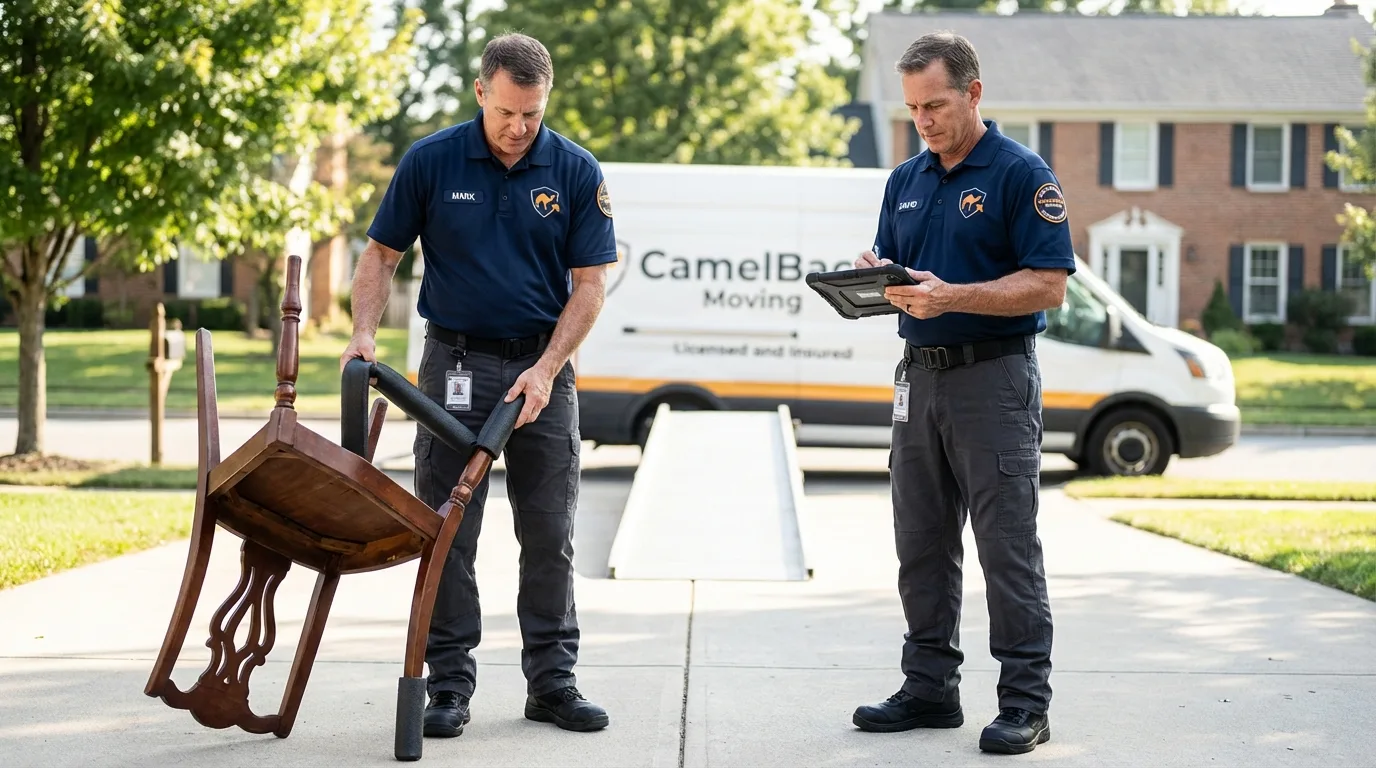 Movers inspecting furniture for damage prevention before loading in Fulton, NY