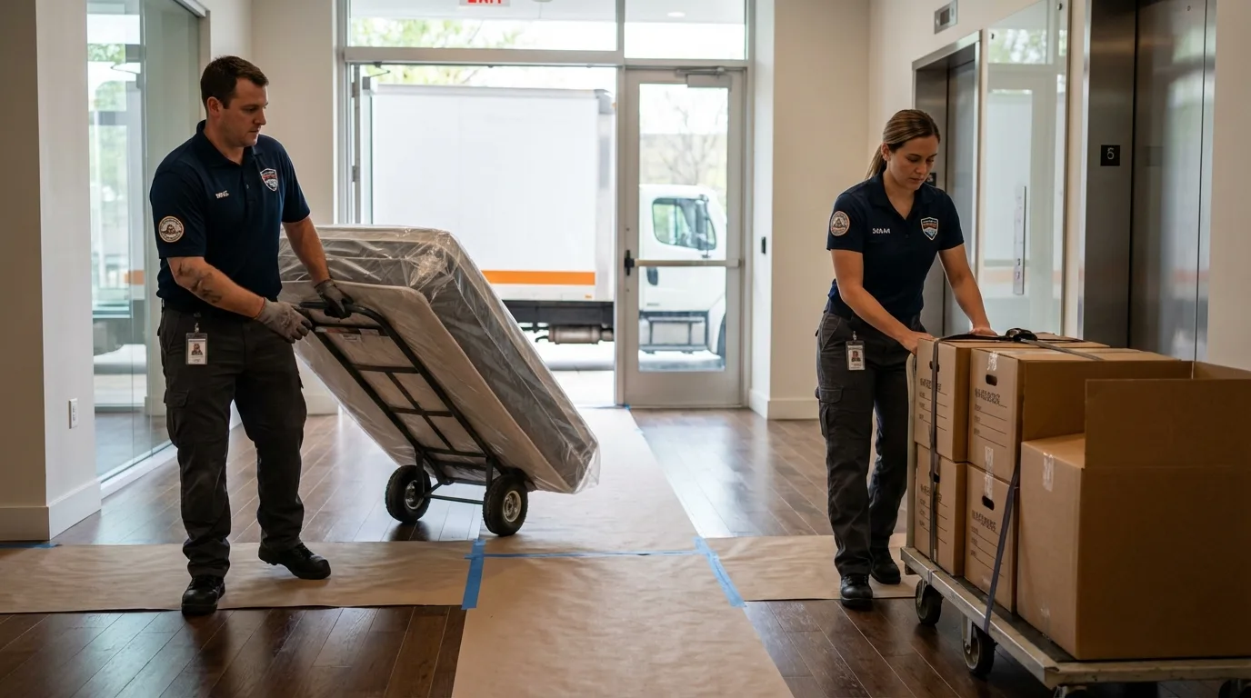 Professional apartment movers loading elevator in Fulton, NY