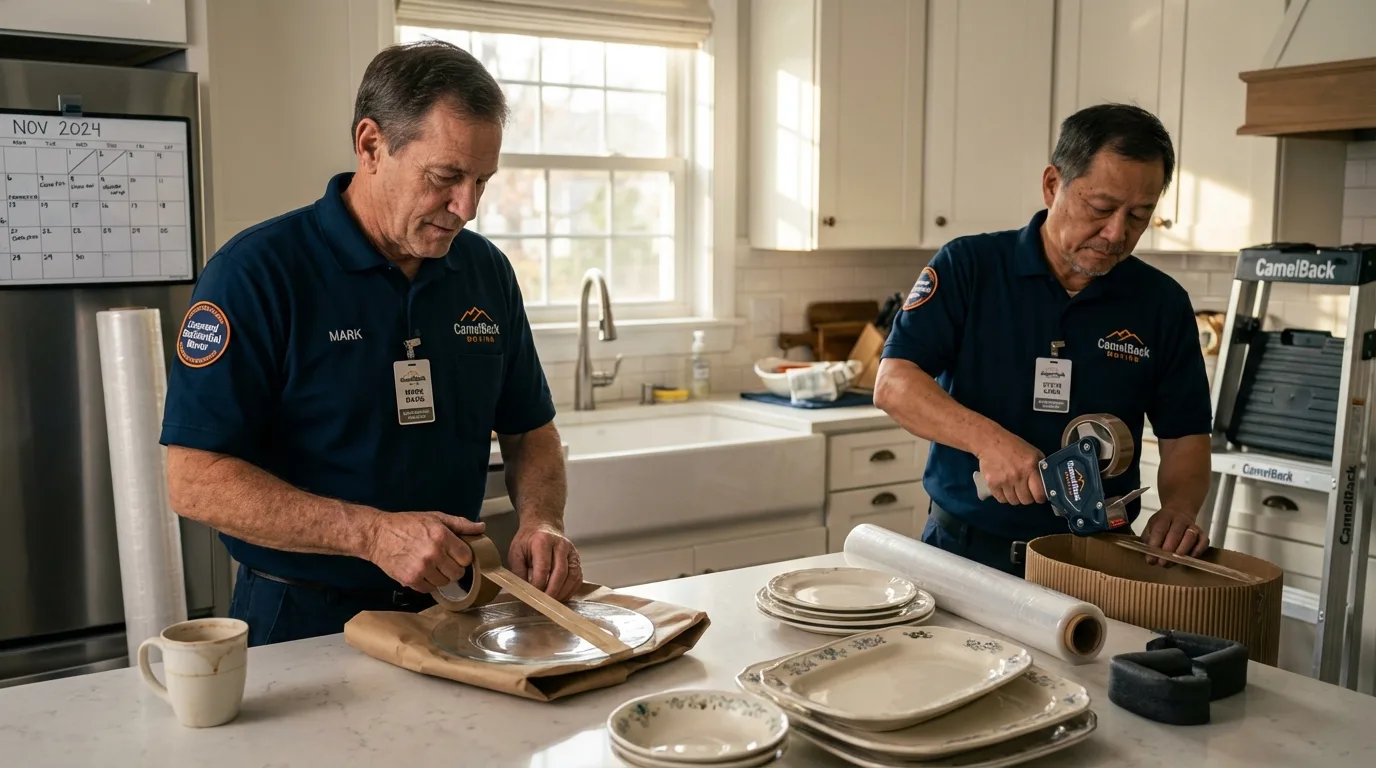 Professional crew packing kitchen dishware in Fulton, NY